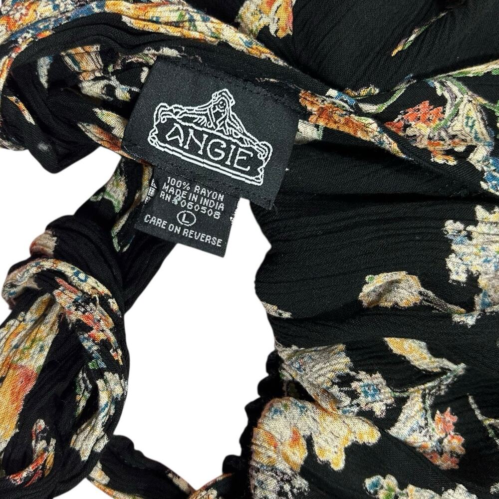 ANGIE Women’s Black Midi Dress Sz L Flowy Boho Floral High Low Smocked Slit - Picture 15 of 16